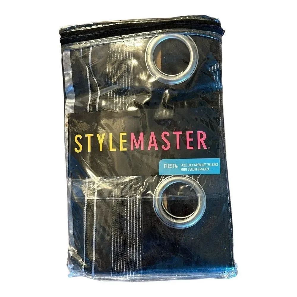 NWT StyleMaster Faux Silk Grommet Valance w/ Sequin Curtains Fiesta Black Silver